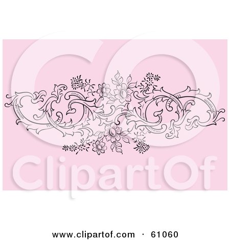 Royalty-free (RF) Clipart Illustration of a Floral Scroll Background Of Black Flowering Vines On Pink by pauloribau
