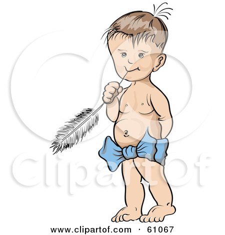 Royalty-free (RF) Clipart Illustration of a Little Boy Wearing Only A Blue Bow And Nibbling On A Feather by pauloribau