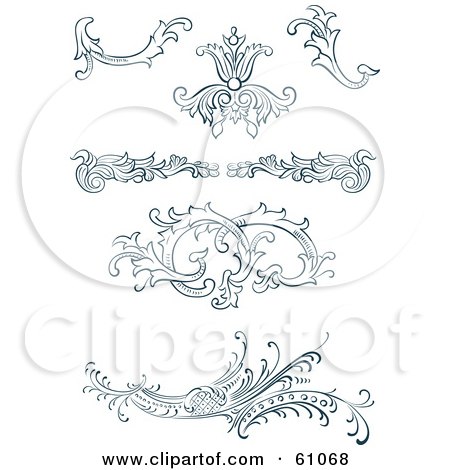 Royalty-free (RF) Clipart Illustration of a Digital Collage Of Blue Floral Scrolls And Design Elements by pauloribau