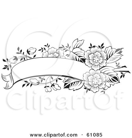 Royalty-free (RF) Clipart Illustration of a Blank Black And White Flower Text Box Banner by pauloribau