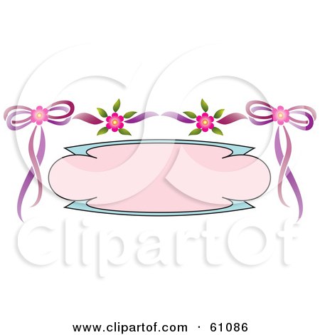 Royalty-free (RF) Clipart Illustration of a Blank Pink And Blue Text Box Bordered With Pink Flowers And Purple Ribbons by pauloribau