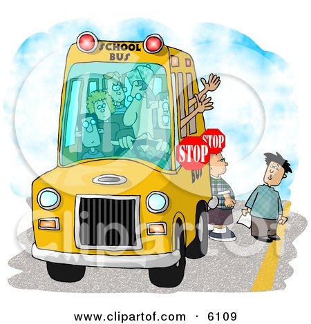 Elementary School Children Waiting For a Bus Driver to Signal For Them to Cross a Street Clipart by djart