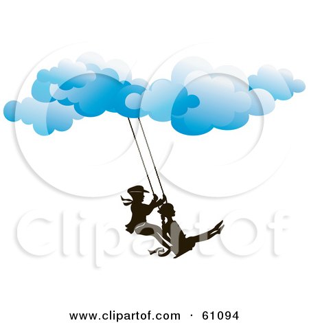 Royalty-free (RF) Clipart Illustration of a Silhouetted Boy And Girl Swinging From Blue Clouds by pauloribau