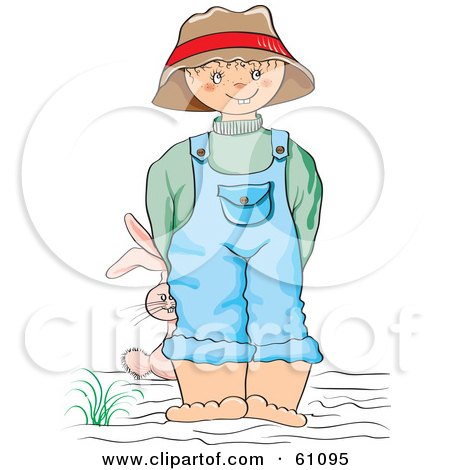 Royalty-free (RF) Clipart Illustration of a Little Boy Wearing Overalls And A Hat, Smiling And Holding A Stuffed Bunny Behind His Back by pauloribau