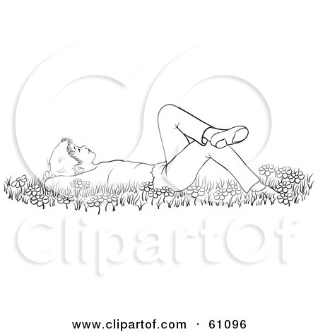 Royalty-free (RF) Clipart Illustration of a Black And White Outline Of A Happy Boy Laying In Wildflowers And Grass While Gazing At The Sky by pauloribau
