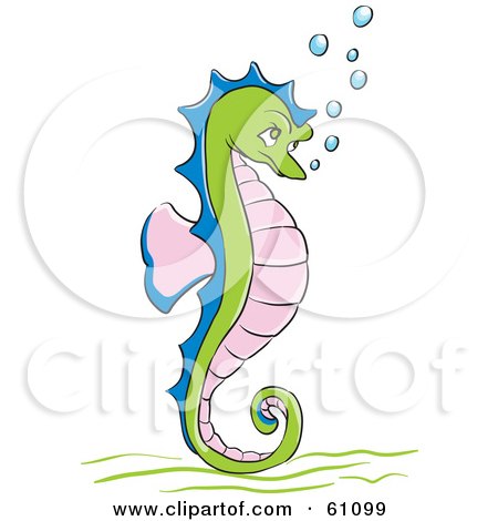 Royalty-free (RF) Clipart Illustration of a Grumpy Green, Pink And Blue Seahorse With Bubbles by pauloribau