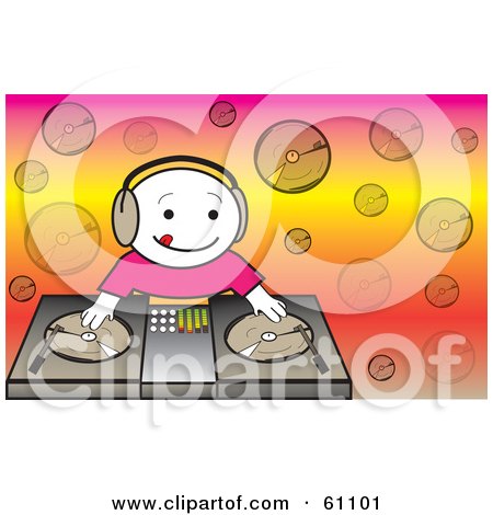 Royalty-free (RF) Clipart Illustration of a Happy Dj Mixing Records On A Turntable by pauloribau
