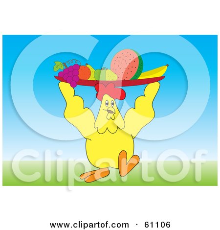 Royalty-free (RF) Clipart Illustration of a Yellow Chicken Carrying A Fruit Platter On Top Of His Head by pauloribau