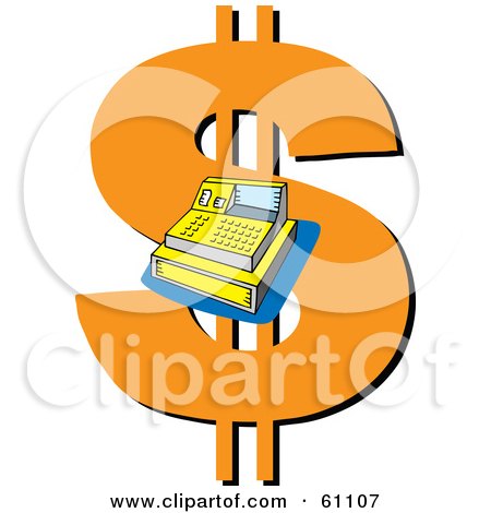 Royalty-free (RF) Clipart Illustration of a Cash Register Over A Giant Orange Dollar Symbol by pauloribau