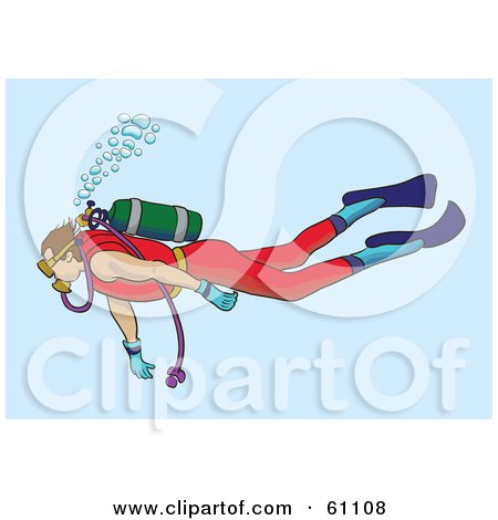 Royalty-free (RF) Clipart Illustration of a Male Scuba Diver Swimming In Blue Waters, With Rising Bubbles by pauloribau