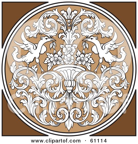 Royalty-free (RF) Clipart Illustration of a Round Ornate Design Element With White Floral Patterns And Birds On Brown by pauloribau