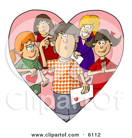 Confused Boy on Valentines Day, Surrounded by Girls That Have a Crush on Him Clipart by djart