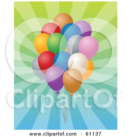 Royalty-free (RF) Clipart Illustration of a Cluster Of Birthday Balloons Over A Gradient Bursting Background by Kheng Guan Toh