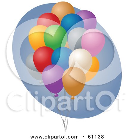 Royalty-free (RF) Clipart Illustration of a Cluster Of Birthday Balloons Over A Blue Oval On White by Kheng Guan Toh