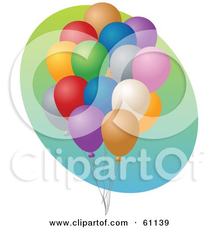 Royalty-free (RF) Clipart Illustration of a Cluster Of Birthday Balloons Over A Gradient Oval On White by Kheng Guan Toh