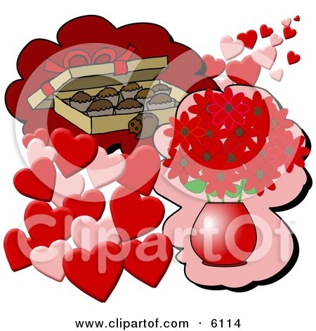 Box of Chocolate Candies and a Vase of Red Flowers With Hearts for Valentines Day Gifts Clipart by djart