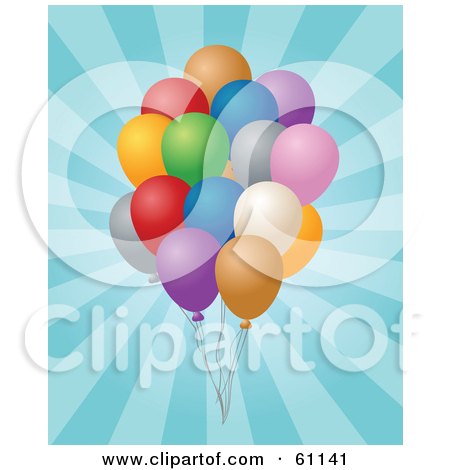 Royalty-free (RF) Clipart Illustration of a Cluster Of Birthday Balloons Over A Blue Bursting Background by Kheng Guan Toh