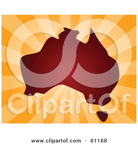Royalty-free (RF) Clipart Illustration of a Red Map Of Australia On Bursting Orange by Kheng Guan Toh