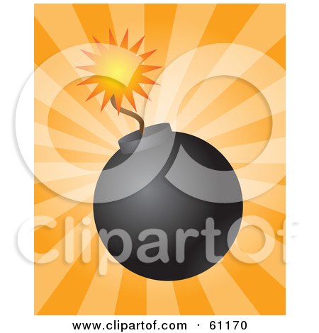Royalty-free (RF) Clipart Illustration of a Lit Black Bomb With A Burning Fuse On A Bursting Orange Background by Kheng Guan Toh