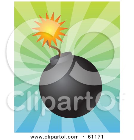 Royalty-free (RF) Clipart Illustration of a Lit Black Bomb With A Burning Fuse On A Bursting Gradient Background by Kheng Guan Toh