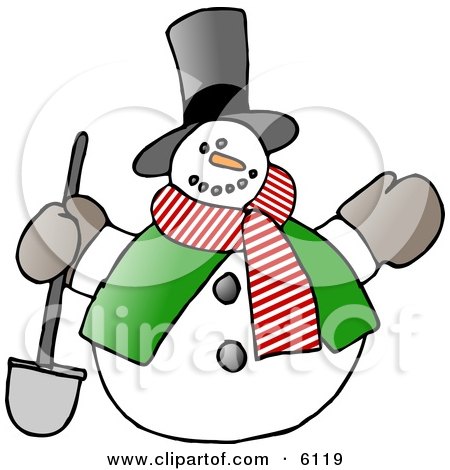 Frosty, the Snowman in a Tophat, Scarf and Vest, Holding a Shovel Clipart by djart