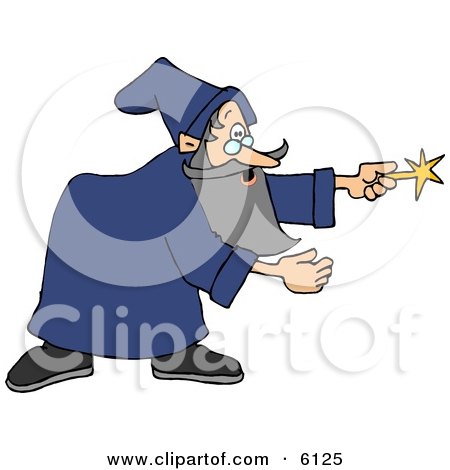 Wizard Man in a Blue Gown, Pointing His Magic Wand Clipart by djart