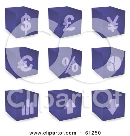 Royalty-free (RF) Clipart Illustration of a Digital Collage Of Purple 3d Cubes With Financial Symbols by Kheng Guan Toh