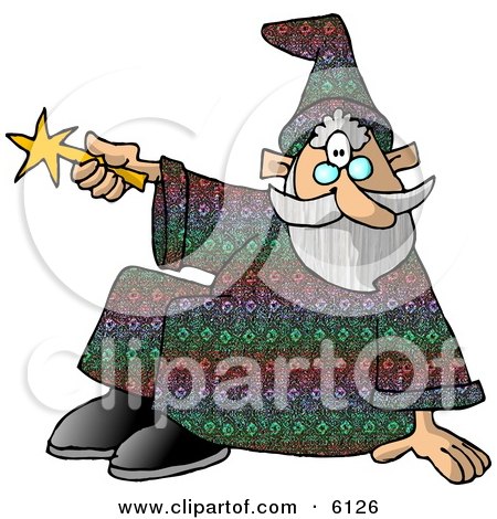 Sitting Wizard Man Pointing His Magic Wand Clipart by djart