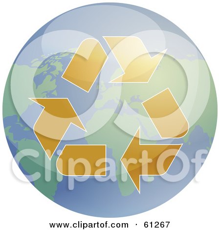 Royalty-free (RF) Clipart Illustration of Brown Recycle Arrows Over A Shiny Earth by Kheng Guan Toh