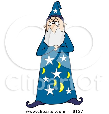 Bearded Wizard Man in a Star and Moon Patterned Hat and Gown, Standing With His Arms Crossed Clipart by djart