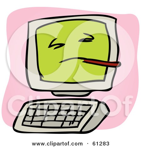 Royalty-free (RF) Clipart Illustration of a Sick Desktop Computer With A Green Screen And A Thermometer, On A Pink And White Background by Kheng Guan Toh