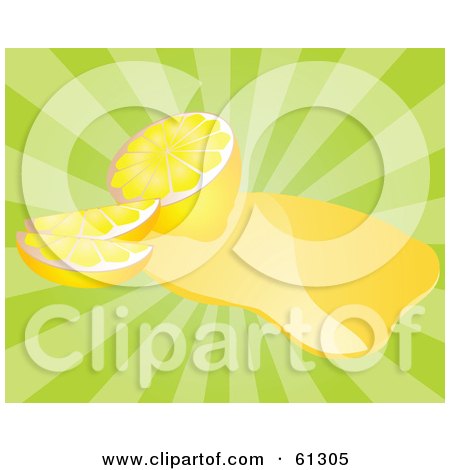 Royalty-free (RF) Clipart Illustration of a Lemonade Spill With Sliced Lemon On A Bursting Green Background by Kheng Guan Toh