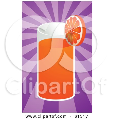 Royalty-free (RF) Clipart Illustration of a Tall Glass Of Orange Juice Garnished With A Slice On A Purple Bursting Background by Kheng Guan Toh