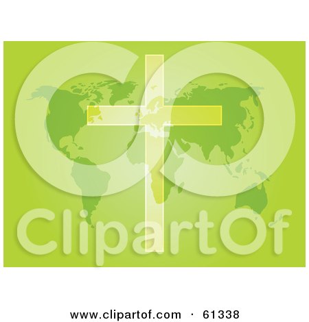 Royalty-free (RF) Clipart Illustration of a Transparent Christian Cross Over A Green Atlas Map Background by Kheng Guan Toh