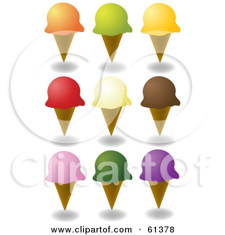 Royalty-free (RF) Clipart Illustration of a Digital Collage Of Waffle Ice Cream Cones With Colorful Scoops Of Ice Cream by Kheng Guan Toh