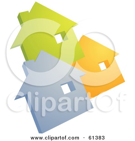 Royalty-free (RF) Clipart Illustration of Three Gray, Green And Orange House Icons On White by Kheng Guan Toh