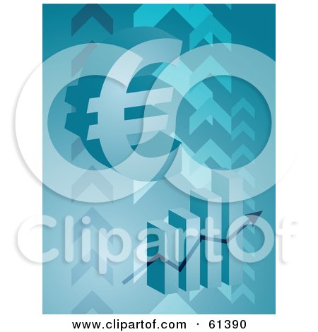 Royalty-free (RF) Clipart Illustration of a 3d Euro Symbol Over A Bar Graph On A Blue Arrow Background by Kheng Guan Toh