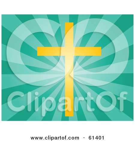 Royalty-free (RF) Clipart Illustration of a Golden Christian Cross Over A Bursting Teal Background by Kheng Guan Toh