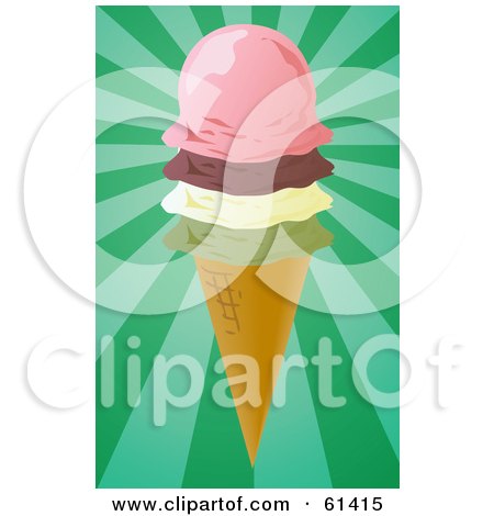 Royalty-free (RF) Clipart Illustration of a Waffle Ice Cream Cone With Scoops Of Pistachio, Vanilla, Chocolate And Strawberry by Kheng Guan Toh