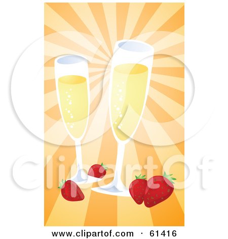 Royalty-free (RF) Clipart Illustration of Two Glasses Of Champagne With Strawberries On A Bursting Orange Background by Kheng Guan Toh