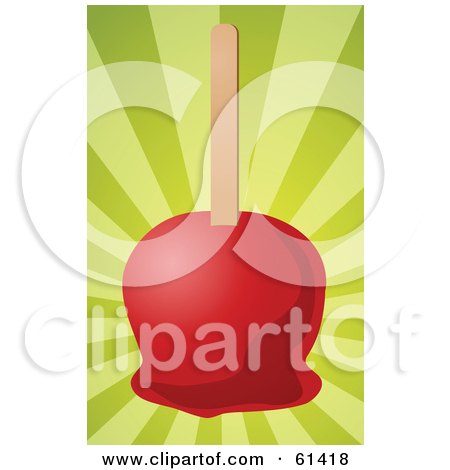 Royalty-free (RF) Clipart Illustration of a Red Candy Apple On A Stick And A Bursting Green Background by Kheng Guan Toh