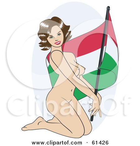 Royalty-free (RF) Clipart Illustration of a Nude Pinup Woman Kneeling And Posing With A Hungary Flag by r formidable