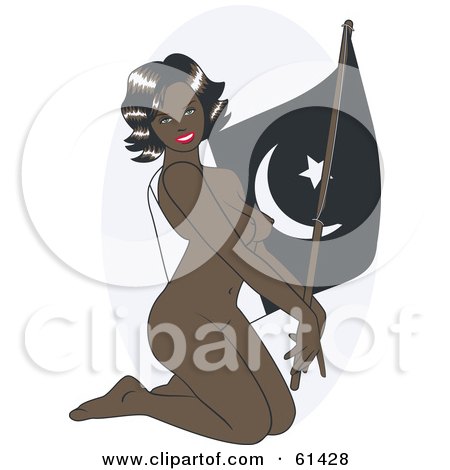 Royalty-free (RF) Clipart Illustration of a Nude Pinup Woman Kneeling And Posing With A Pakistan Flag by r formidable