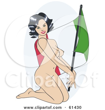 Royalty-free (RF) Clipart Illustration of a Nude Pinup Woman Kneeling And Posing With An Italy Flag by r formidable