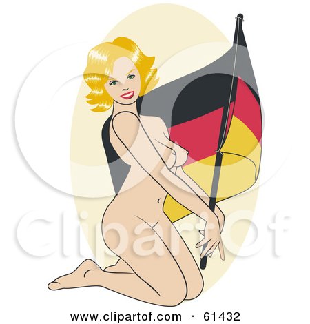 Royalty-free (RF) Clipart Illustration of a Nude Pinup Woman Kneeling And Posing With A German Flag by r formidable