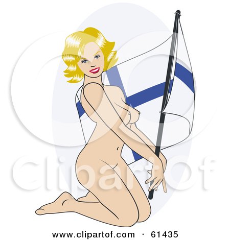 Royalty-free (RF) Clipart Illustration of a Nude Pinup Woman Kneeling And Posing With A Finland Flag by r formidable