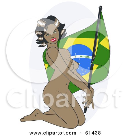 Royalty-free (RF) Clipart Illustration of a Nude Pinup Woman Kneeling And Posing With A Brazil Flag by r formidable