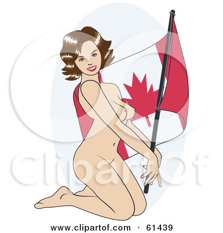 Royalty-free (RF) Clipart Illustration of a Nude Pinup Woman Kneeling And Posing With A Canada Flag by r formidable