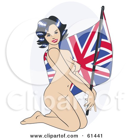 Royalty-free (RF) Clipart Illustration of a Nude Pinup Woman Kneeling And Posing With A British Flag by r formidable