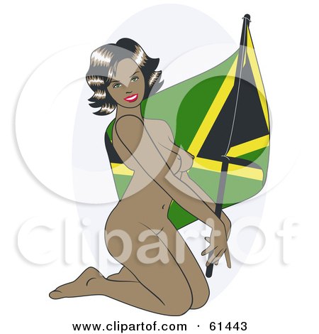 Royalty-free (RF) Clipart Illustration of a Nude Pinup Woman Kneeling And Posing With A Jamaica Flag by r formidable